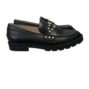 Stuart Weitzman Allpearls Black Leather Studded Lug Loafer | Classic Slip On